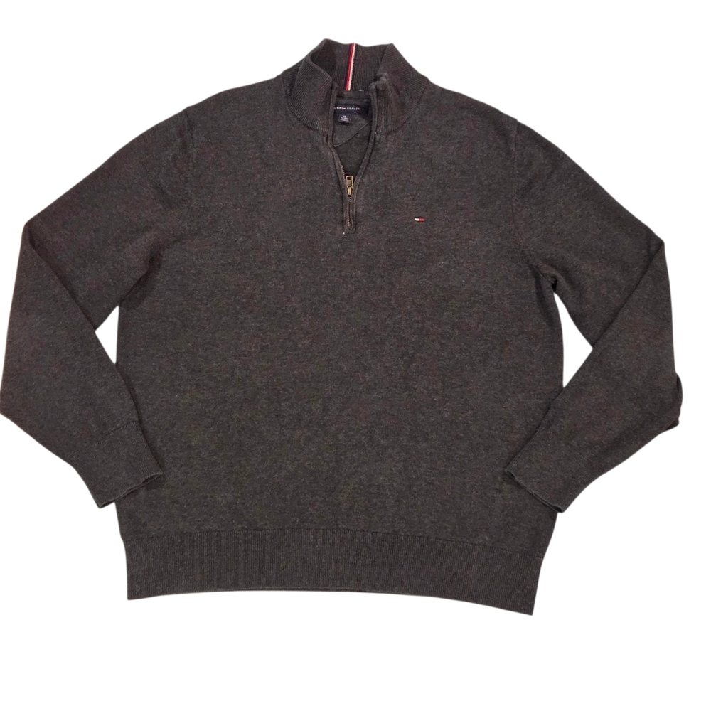 Tommy Hilfiger Men's Quarter Zip Sweater Pullover Charcoal Grey Heather Size XL